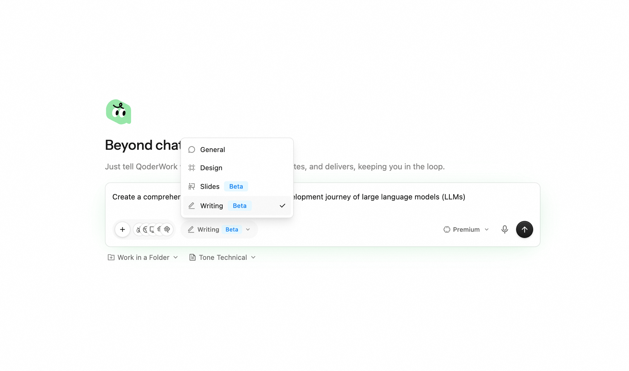 Writing workspace input with Writing Beta checked in the workspace picker; Work in a Folder and Tone Choose tone optional toolbar buttons appear below the input