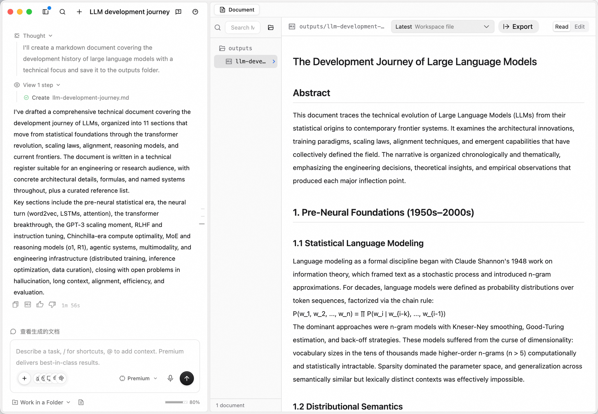 Writing workspace Document tab: left file tree shows outputs/llm-development-history.md, center editor renders "The Development Journey of Large Language Models"; top toolbar has the Latest Workspace file dropdown, Export button, and Read / Edit toggle