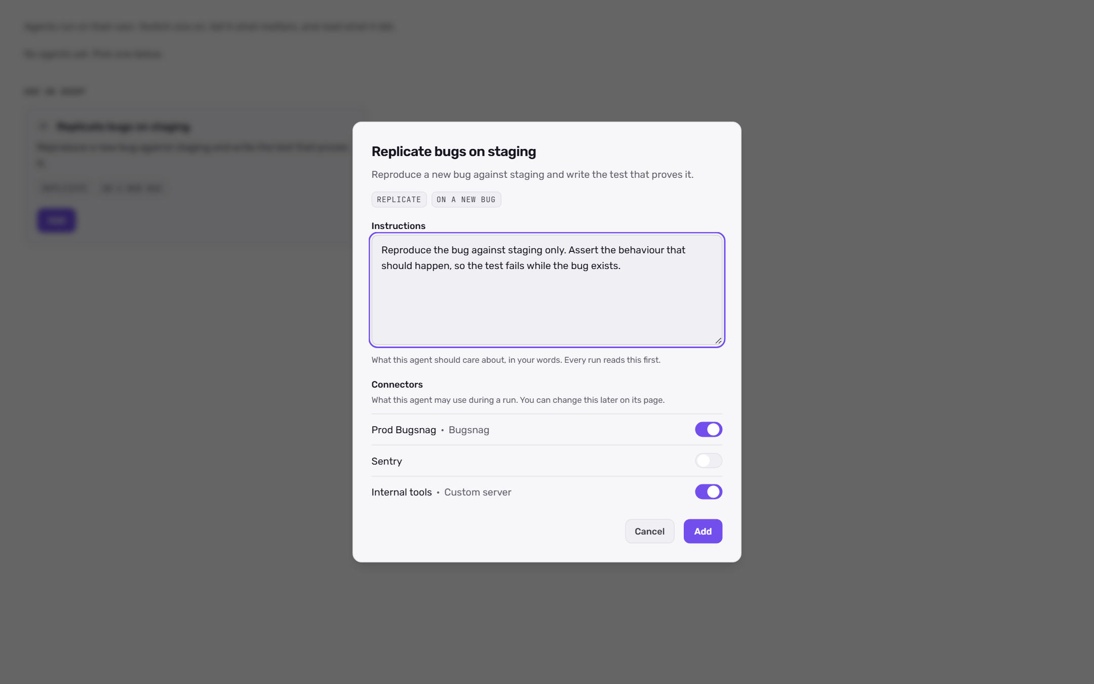 Add an agent dialog for Replicate bugs on staging with its instructions and connector toggles