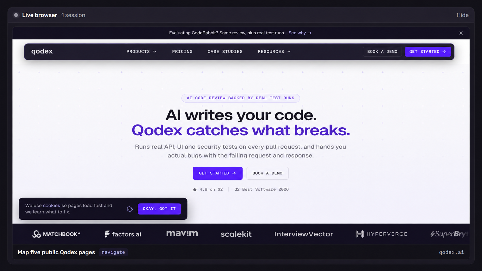 Qodex live browser session running a test against qodex.ai