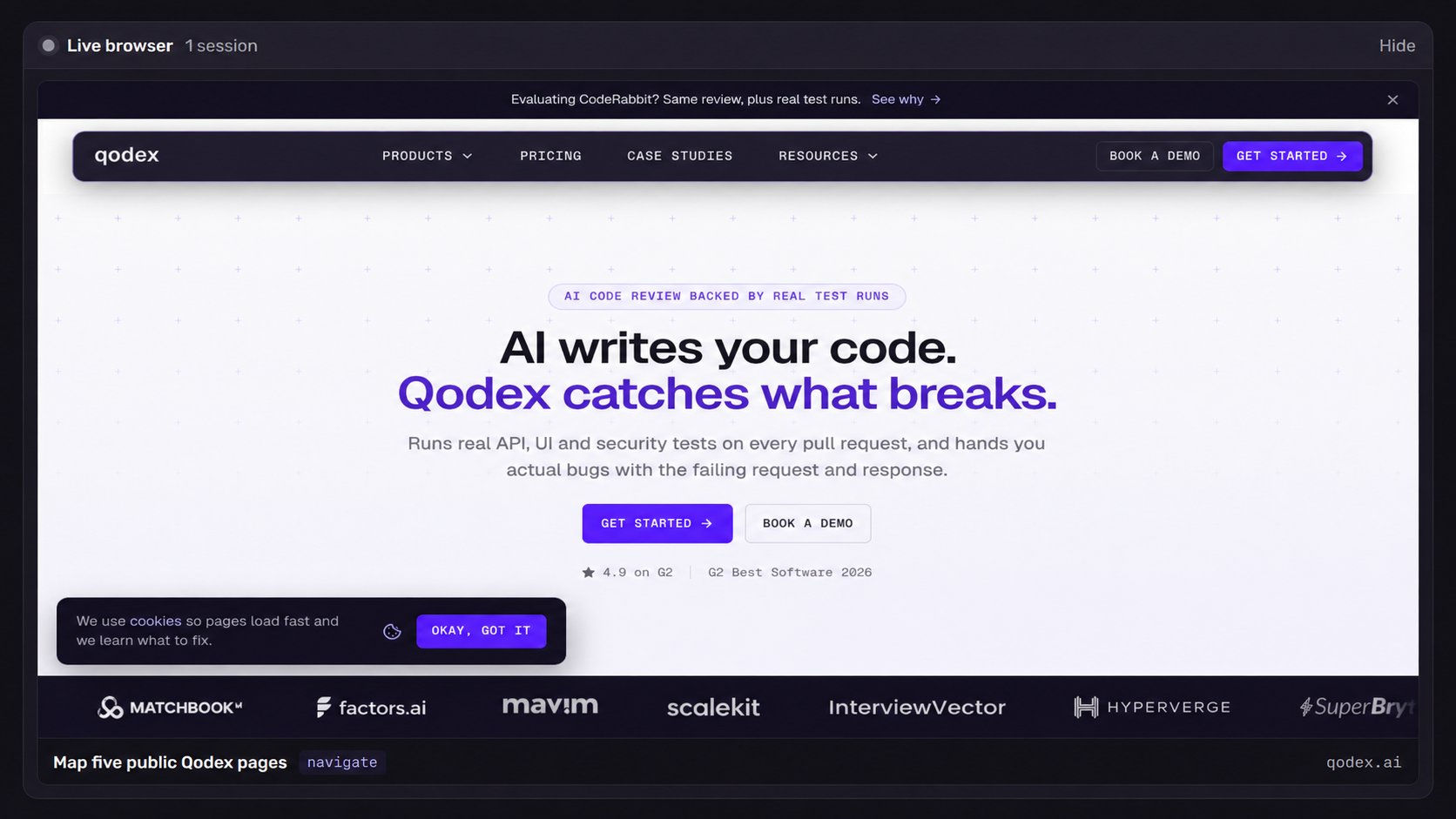 Qodex live browser session running a test against qodex.ai