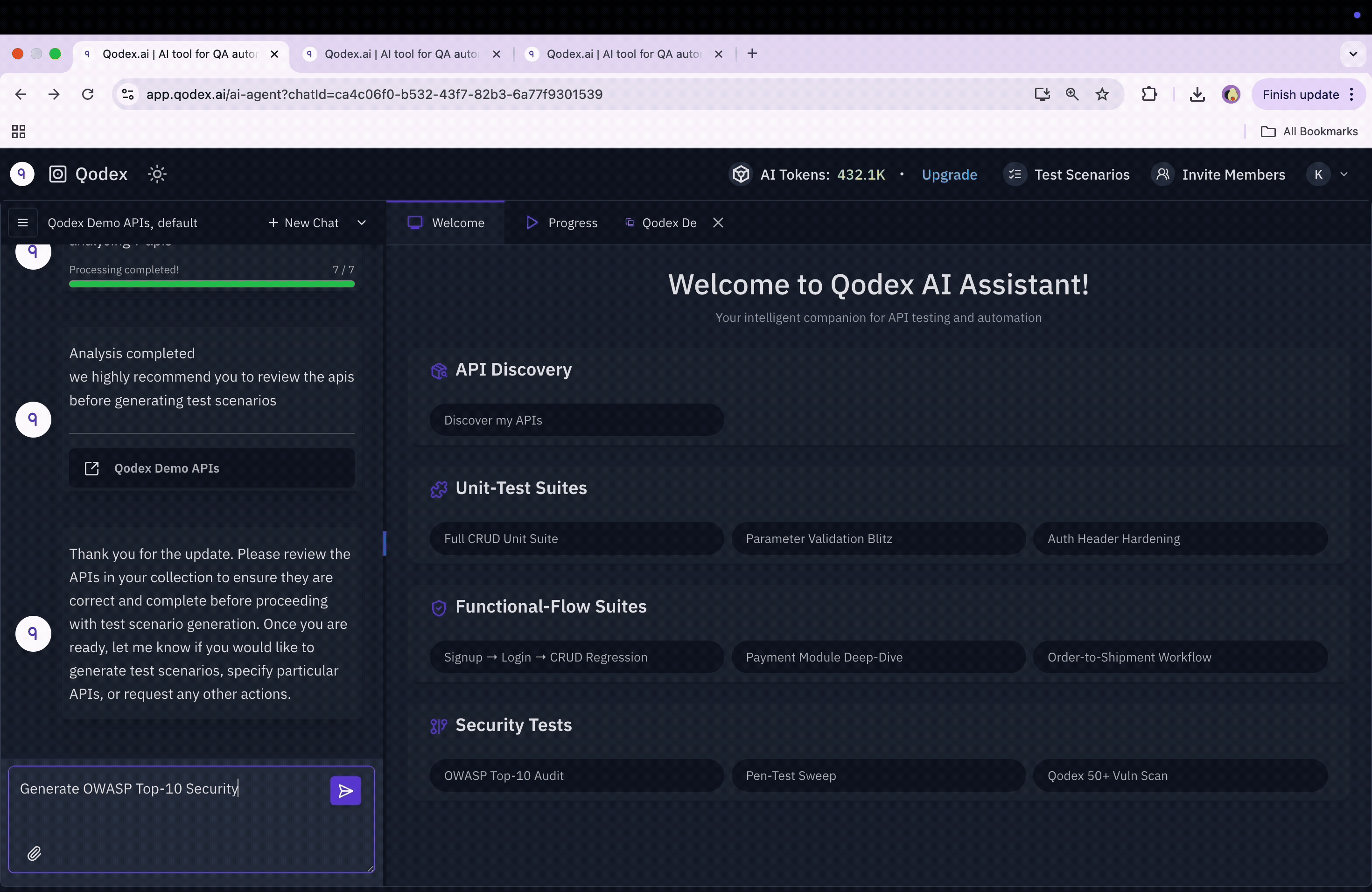 Qodex agent generating API test scenarios from a chat request