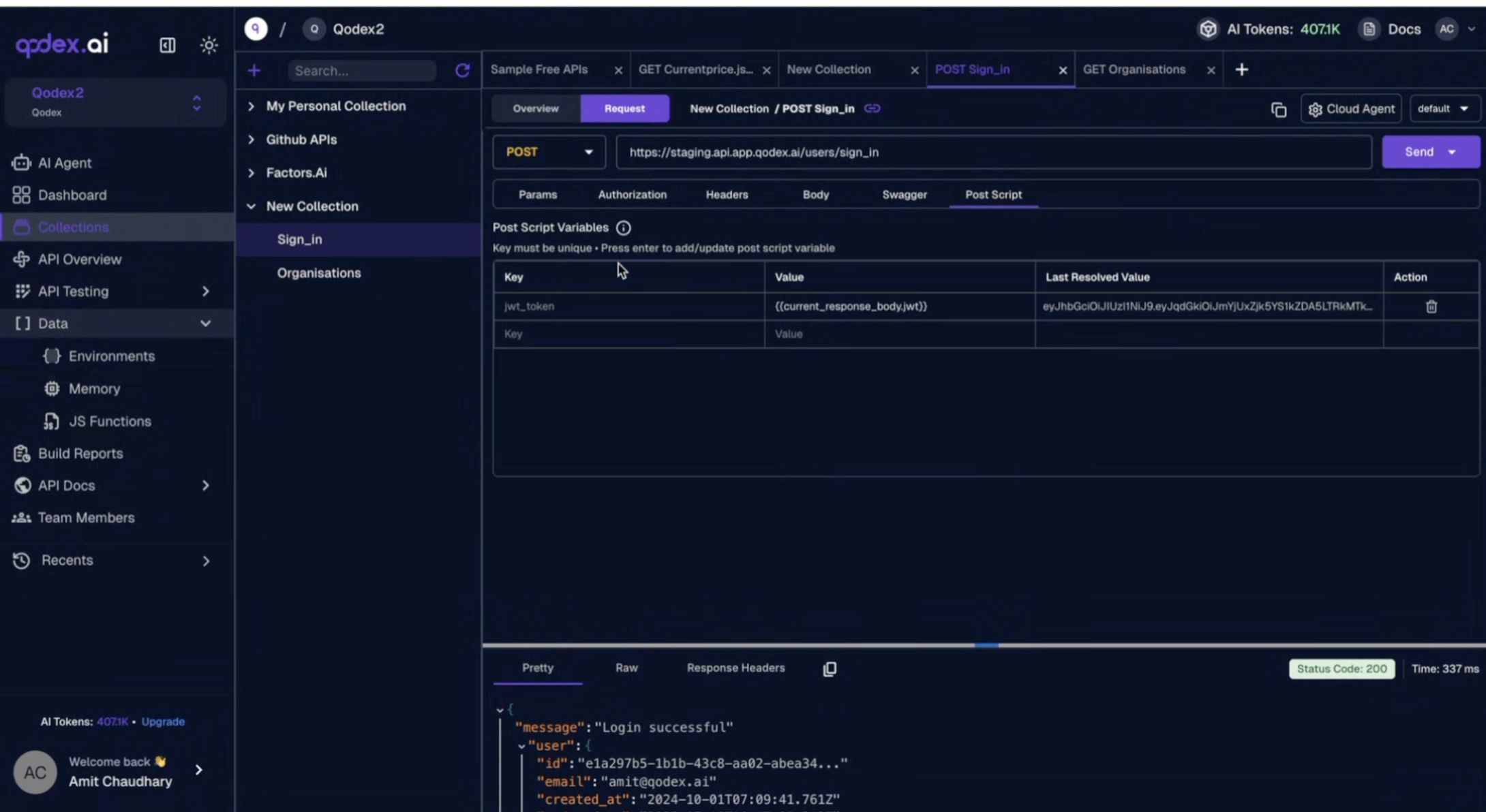 Qodex API Playground postscript variables capturing a token from a response