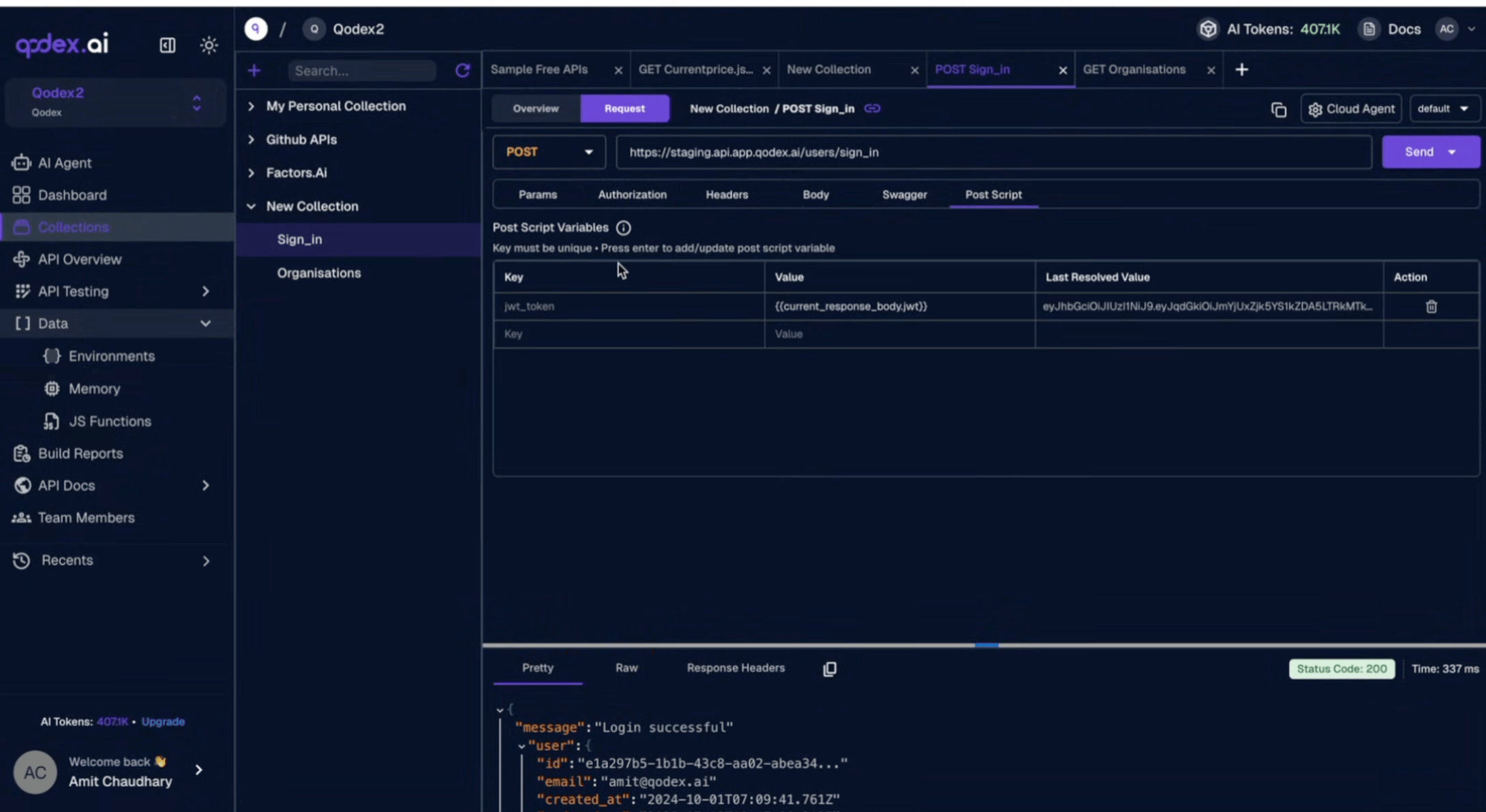Qodex API Playground postscript variables capturing a token from a response