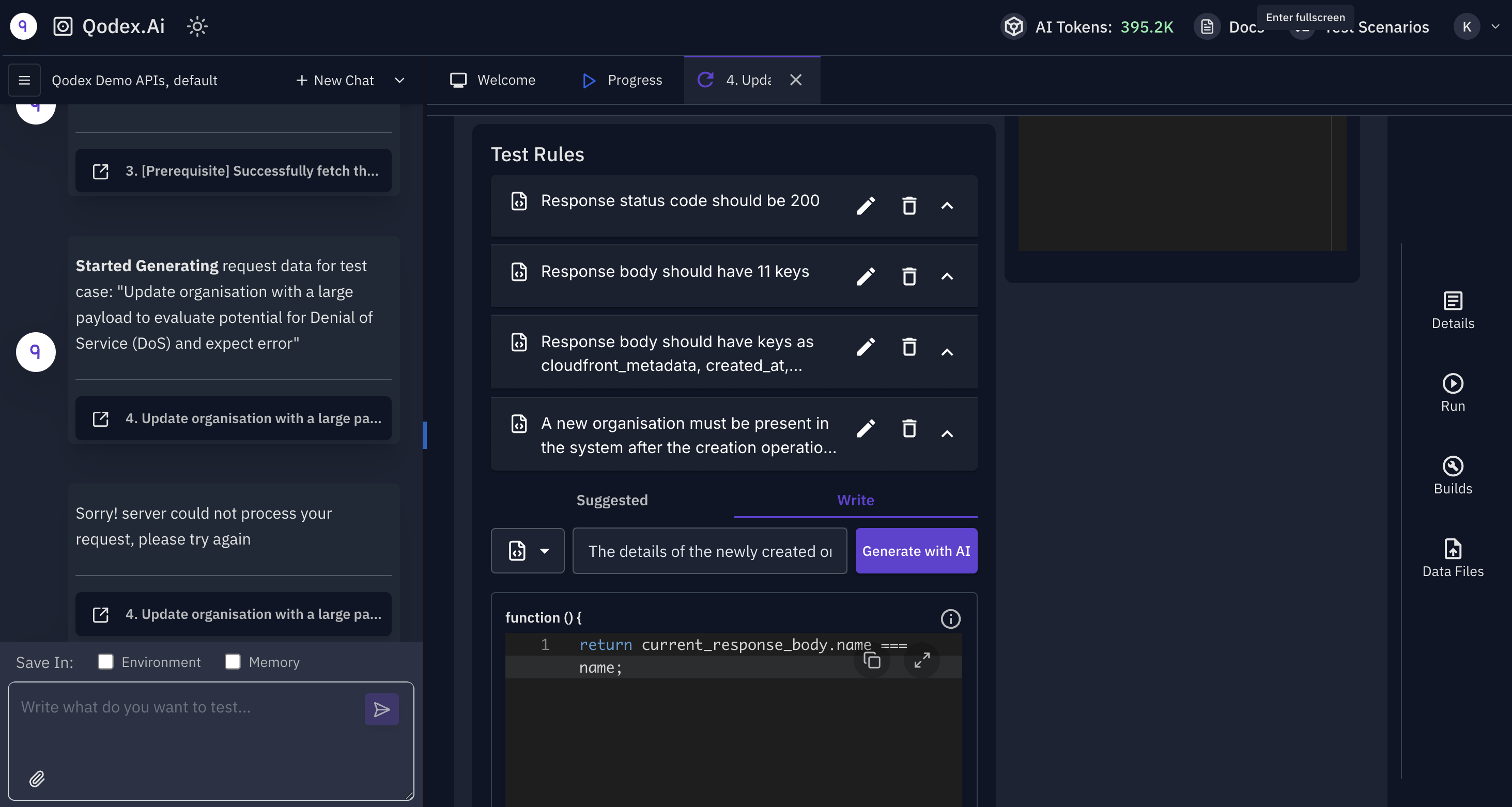 Qodex test rules panel showing plain-English rules and generated assertion code