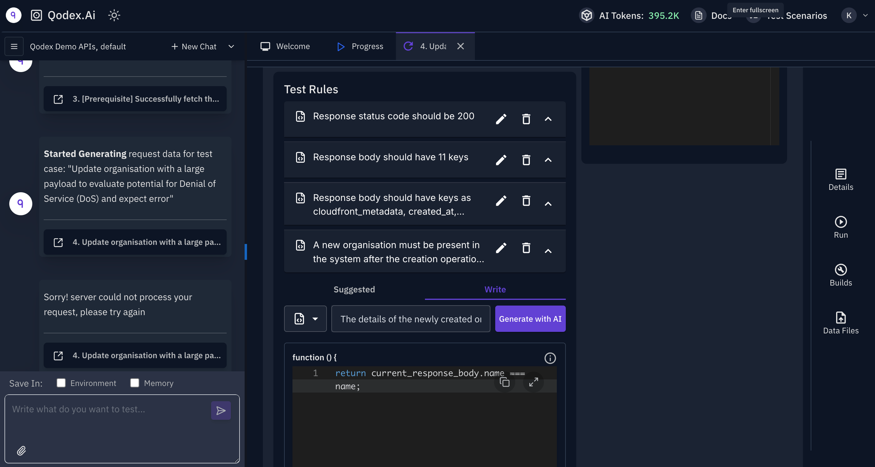 Qodex test rules panel showing plain-English rules and generated assertion code