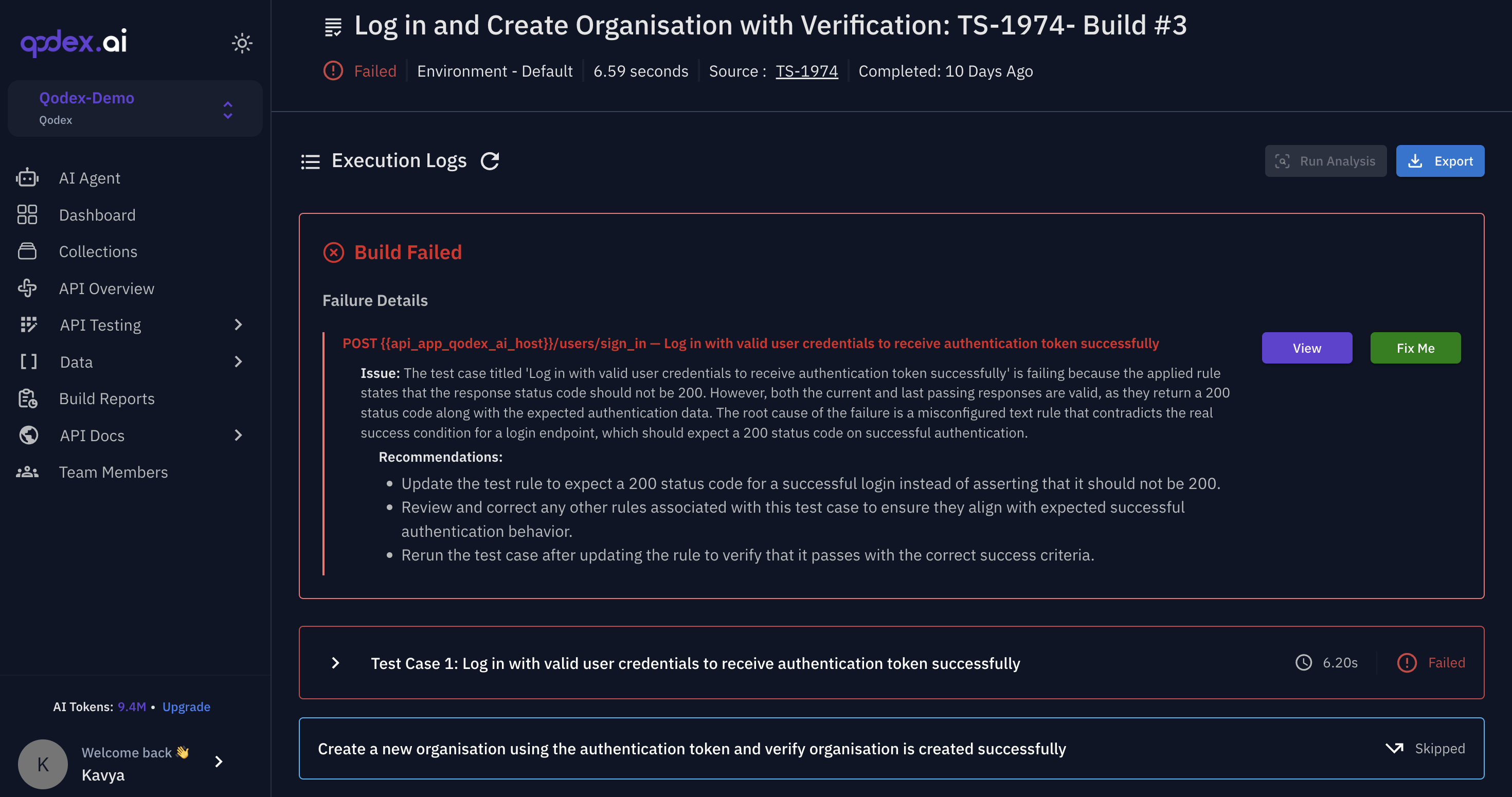 Qodex failed build analysis showing failure details, recommendation, and Fix Me action