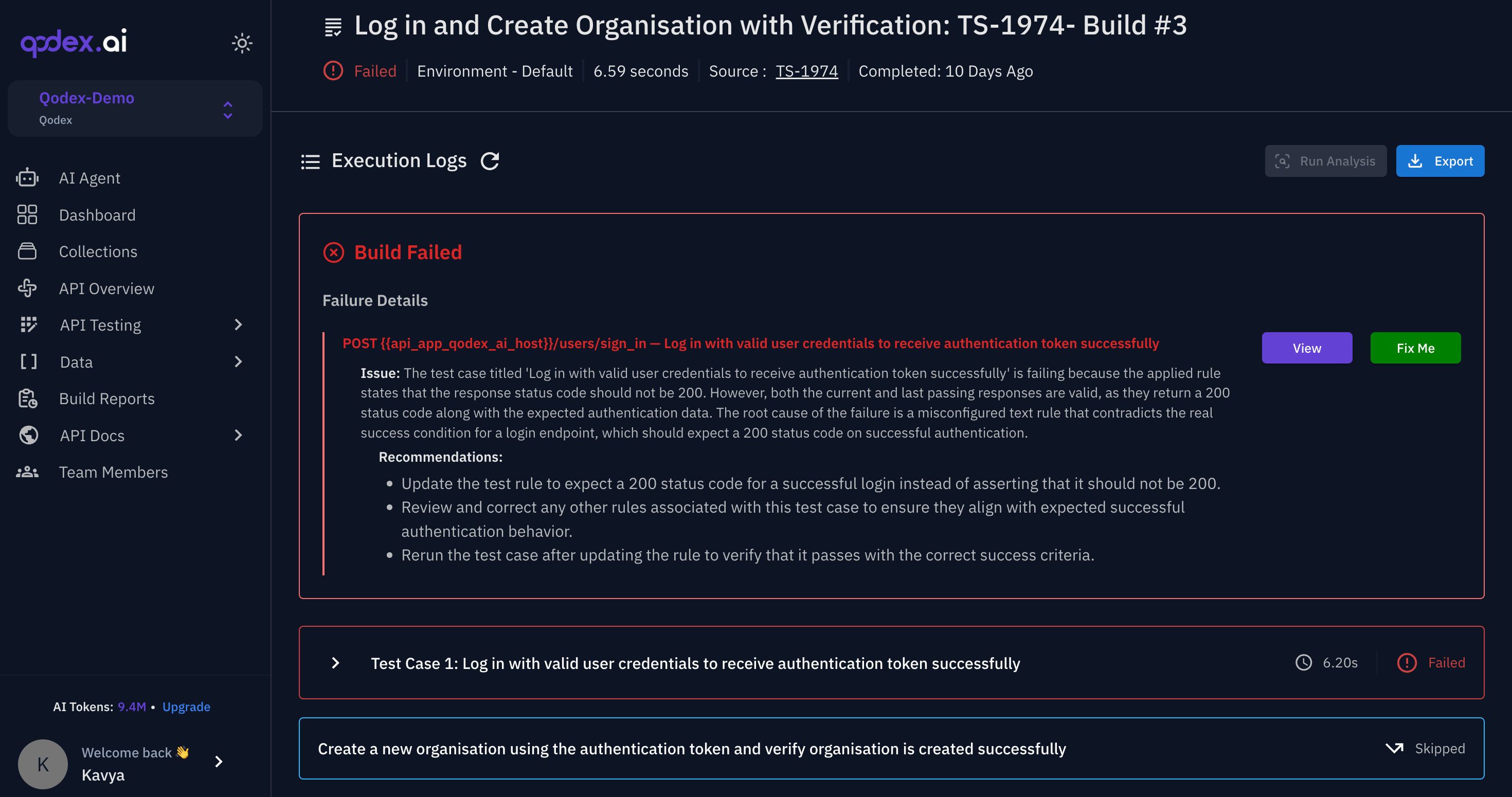 Qodex failed build analysis showing failure details, recommendation, and Fix Me action