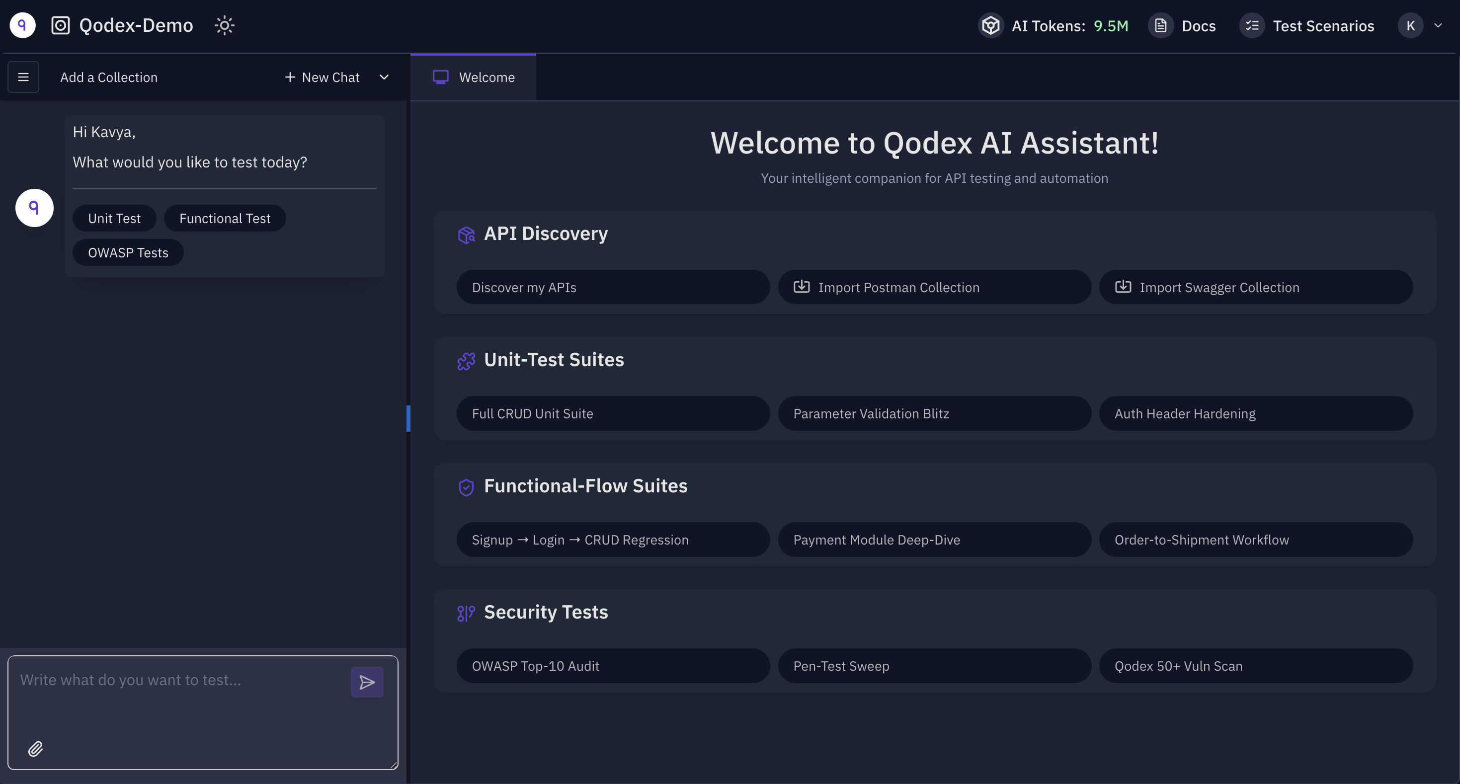 Qodex assistant home screen showing the main testing categories available from chat