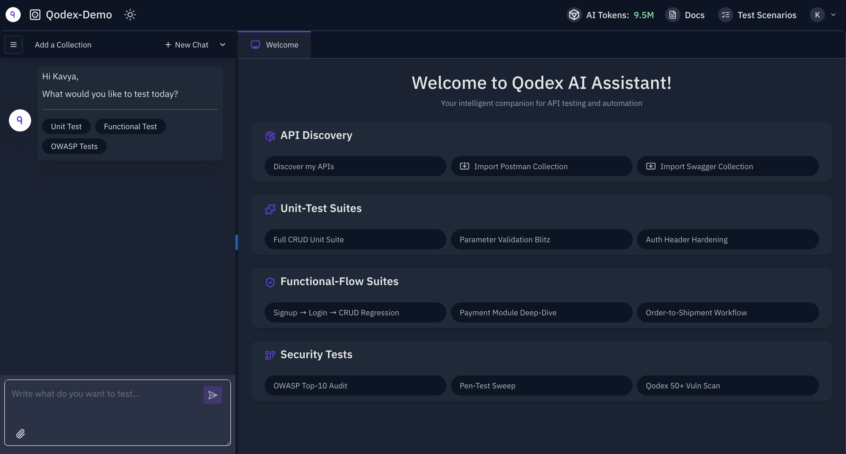 Qodex assistant home screen showing the main testing categories available from chat