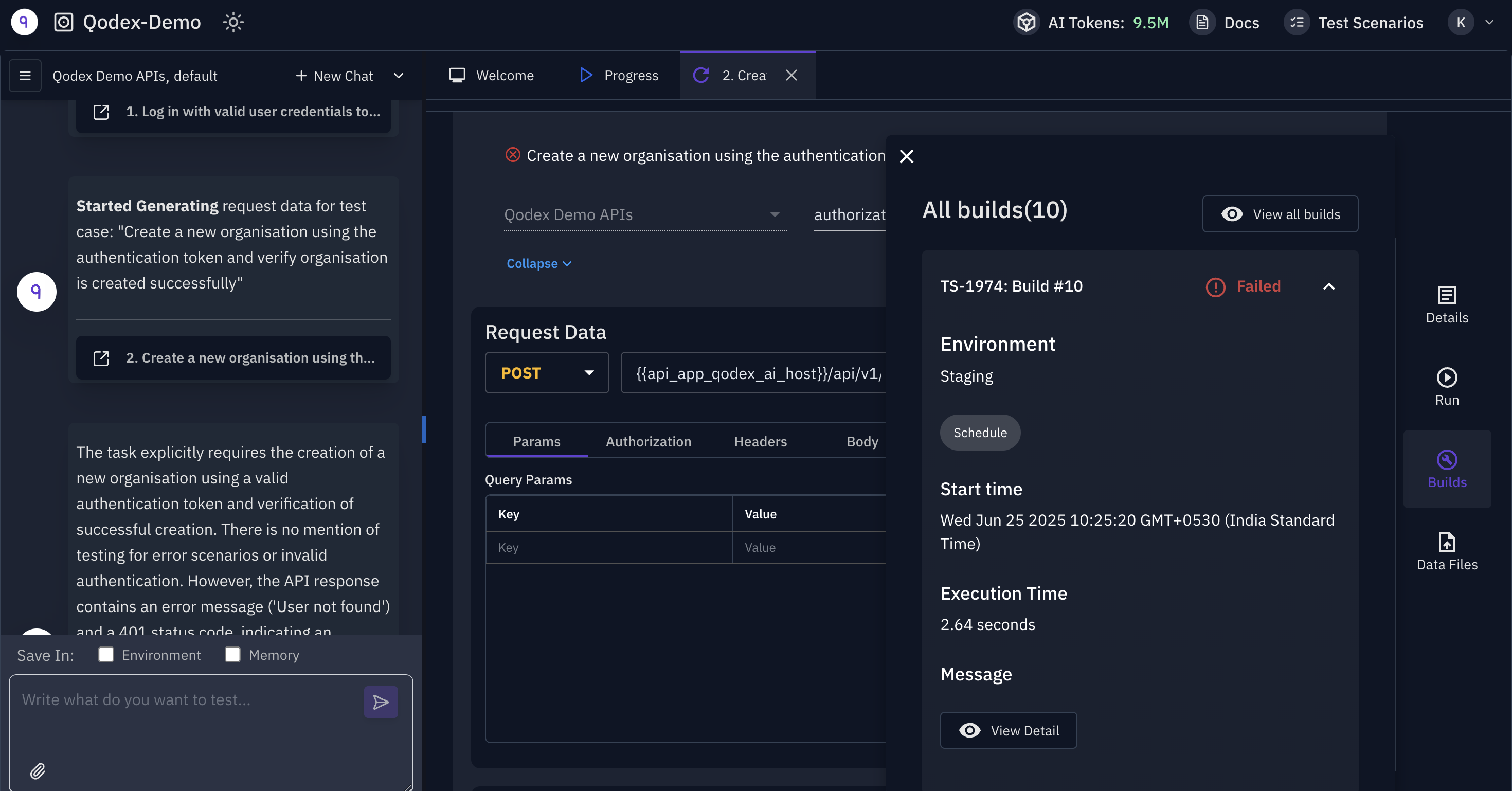 Qodex build detail panel showing a failed run before classification and triage