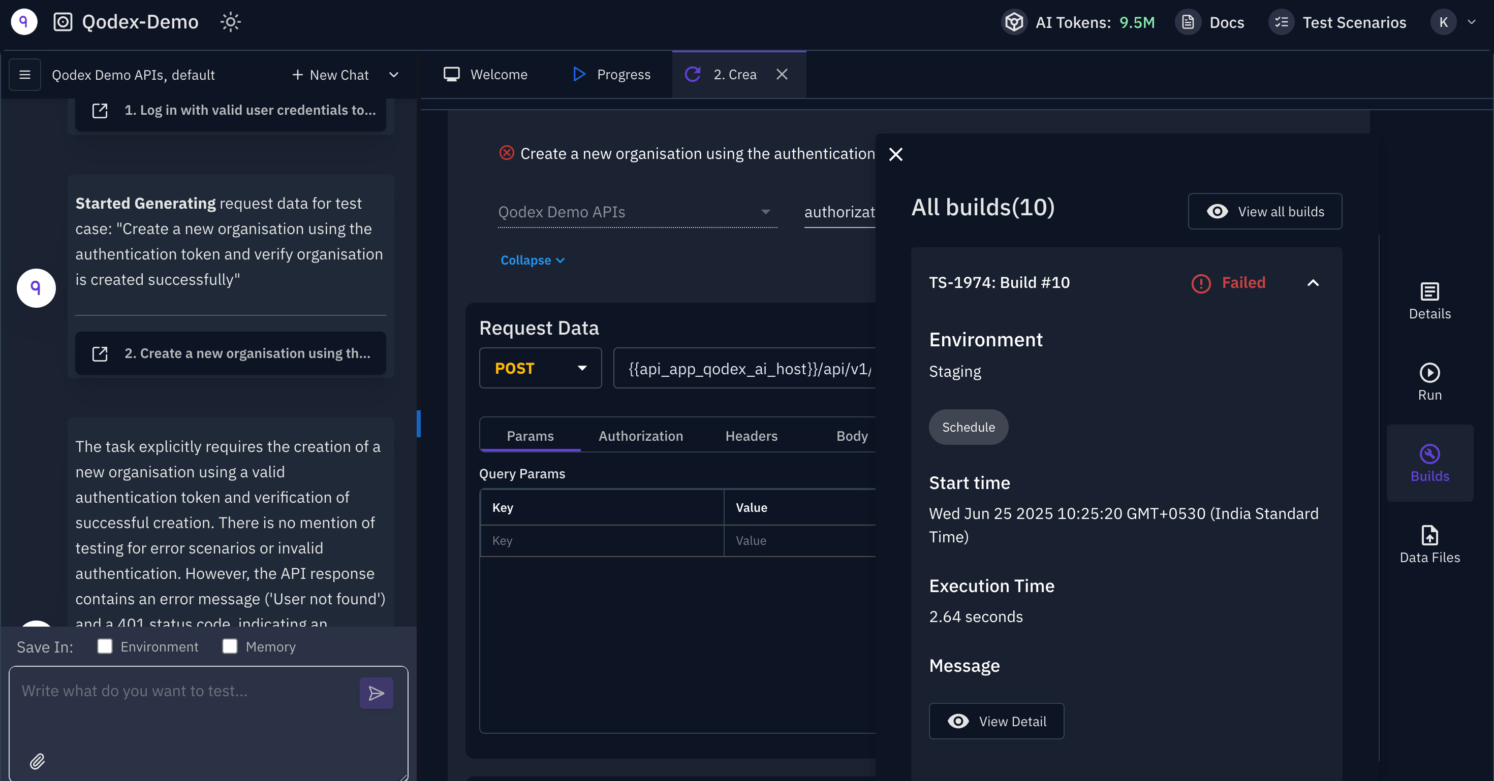 Qodex build detail panel showing a failed run before classification and triage