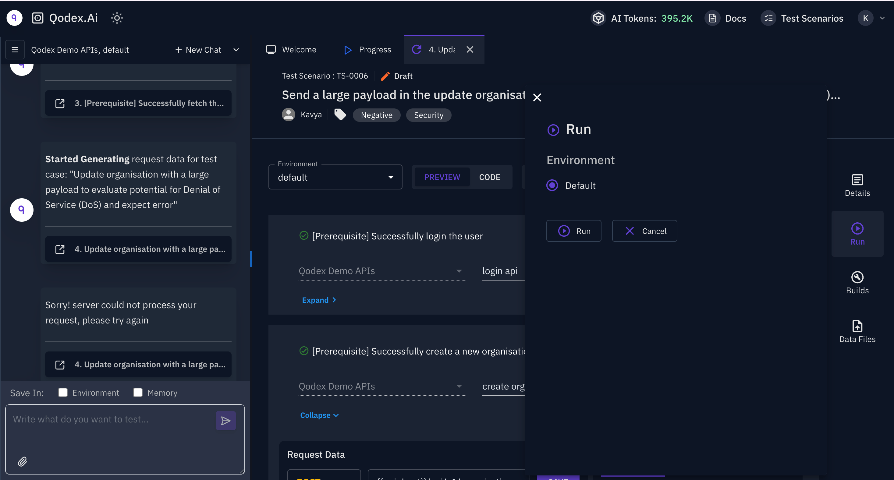 Qodex run dialog for selecting an environment before running a focused scenario