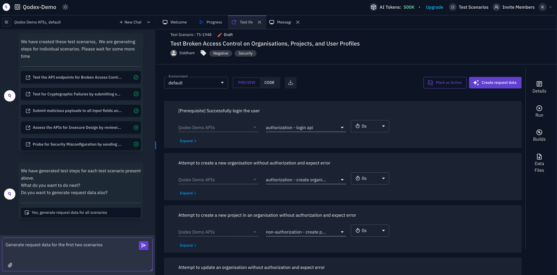 Qodex generated security scenarios for broken access control and request data creation