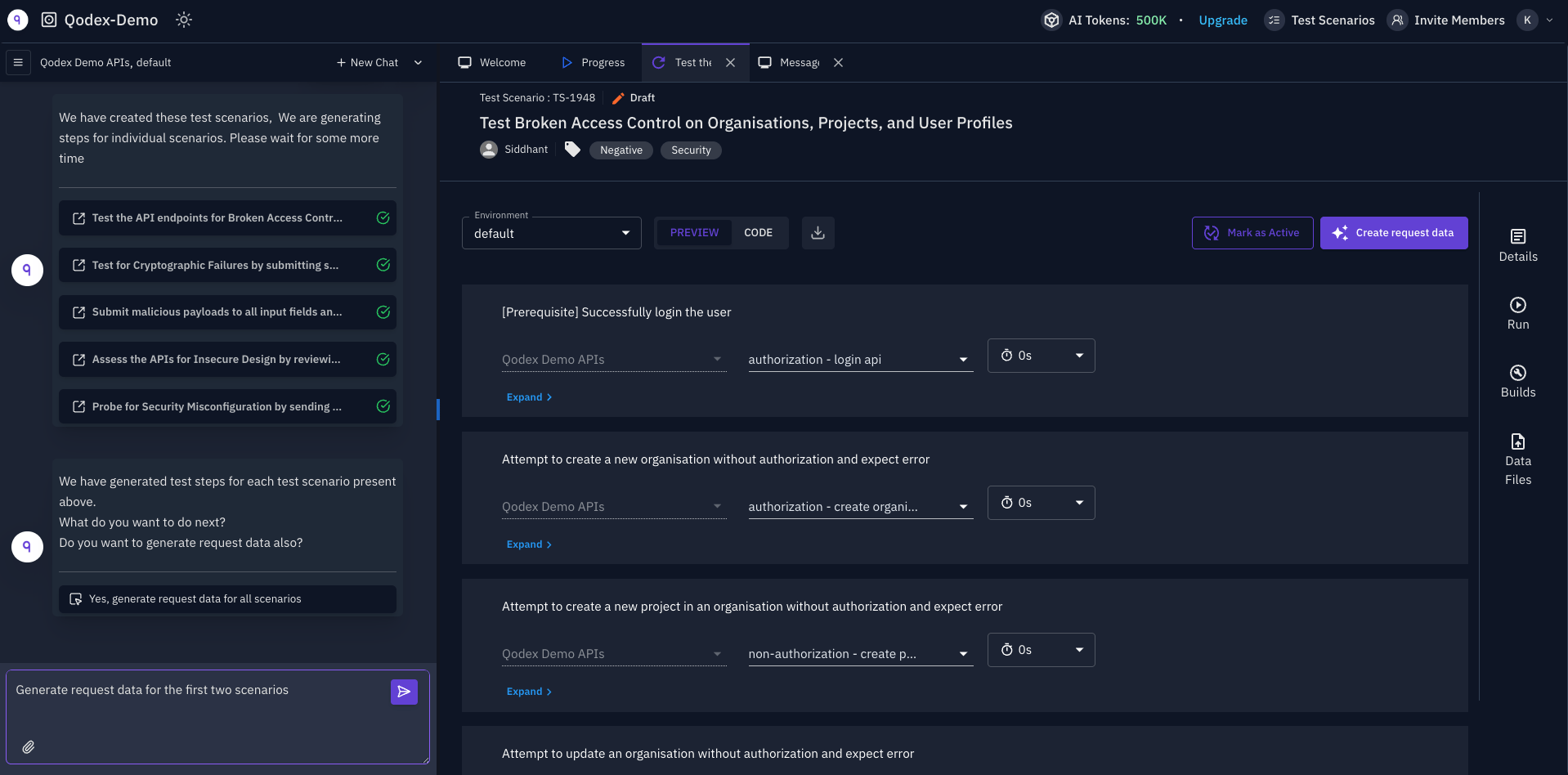 Qodex generated security scenarios for broken access control and request data creation