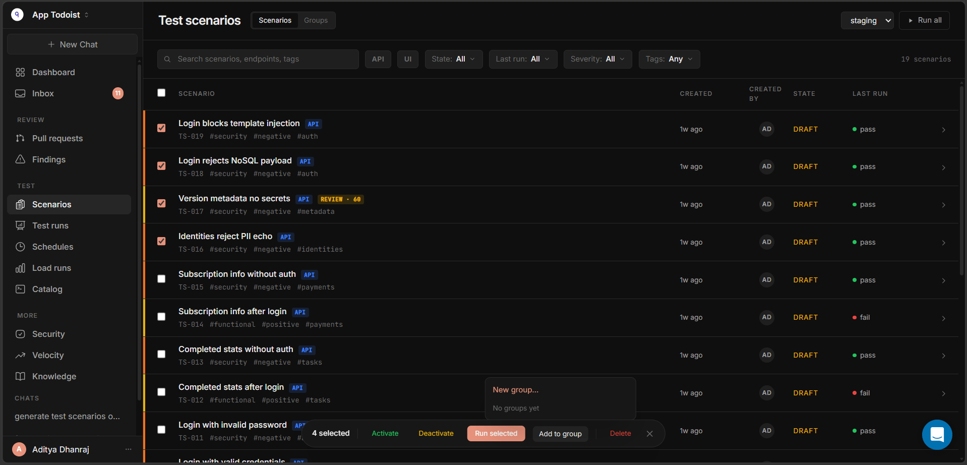 Qodex bulk action bar with Add to group opened for selected scenarios