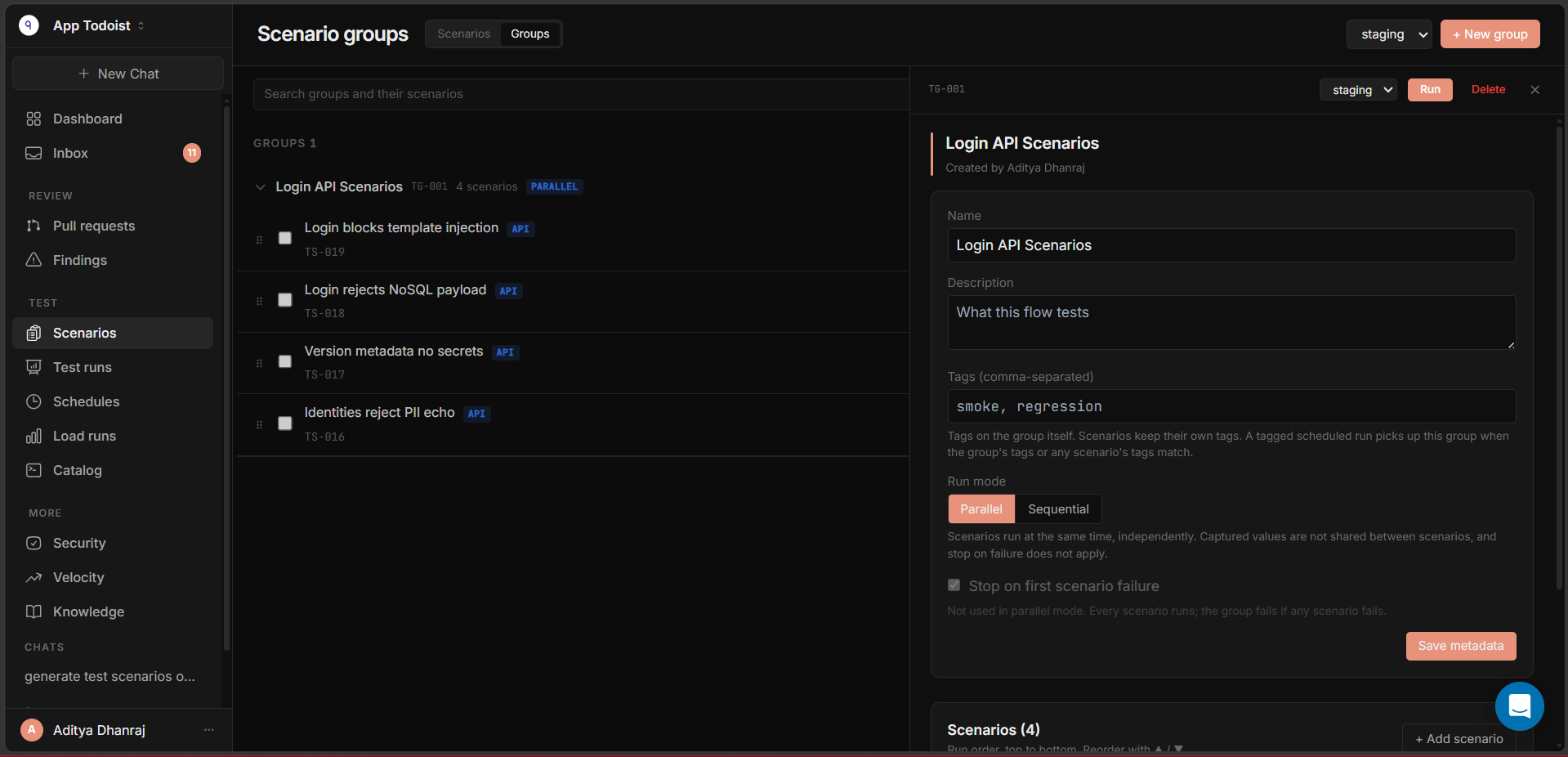 Qodex scenario group detail panel showing name, description, tags, run mode, and Run controls