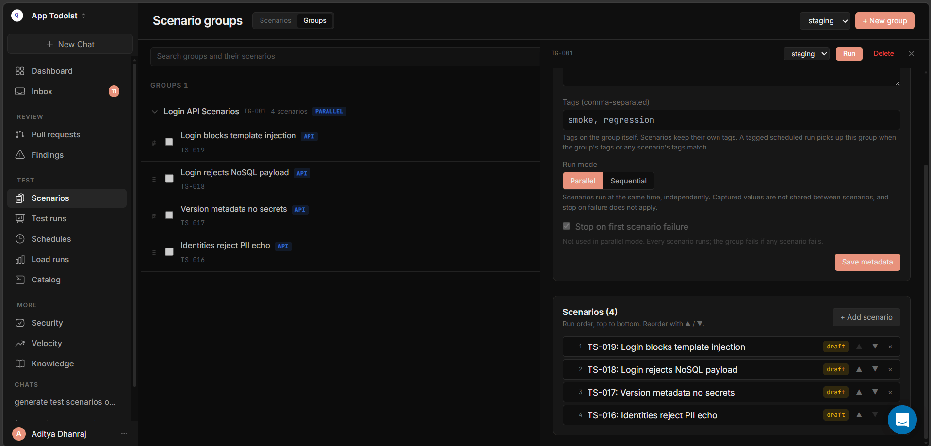 Qodex scenario group detail panel showing Manage Scenarios with the ordered scenarios list and Add scenario button