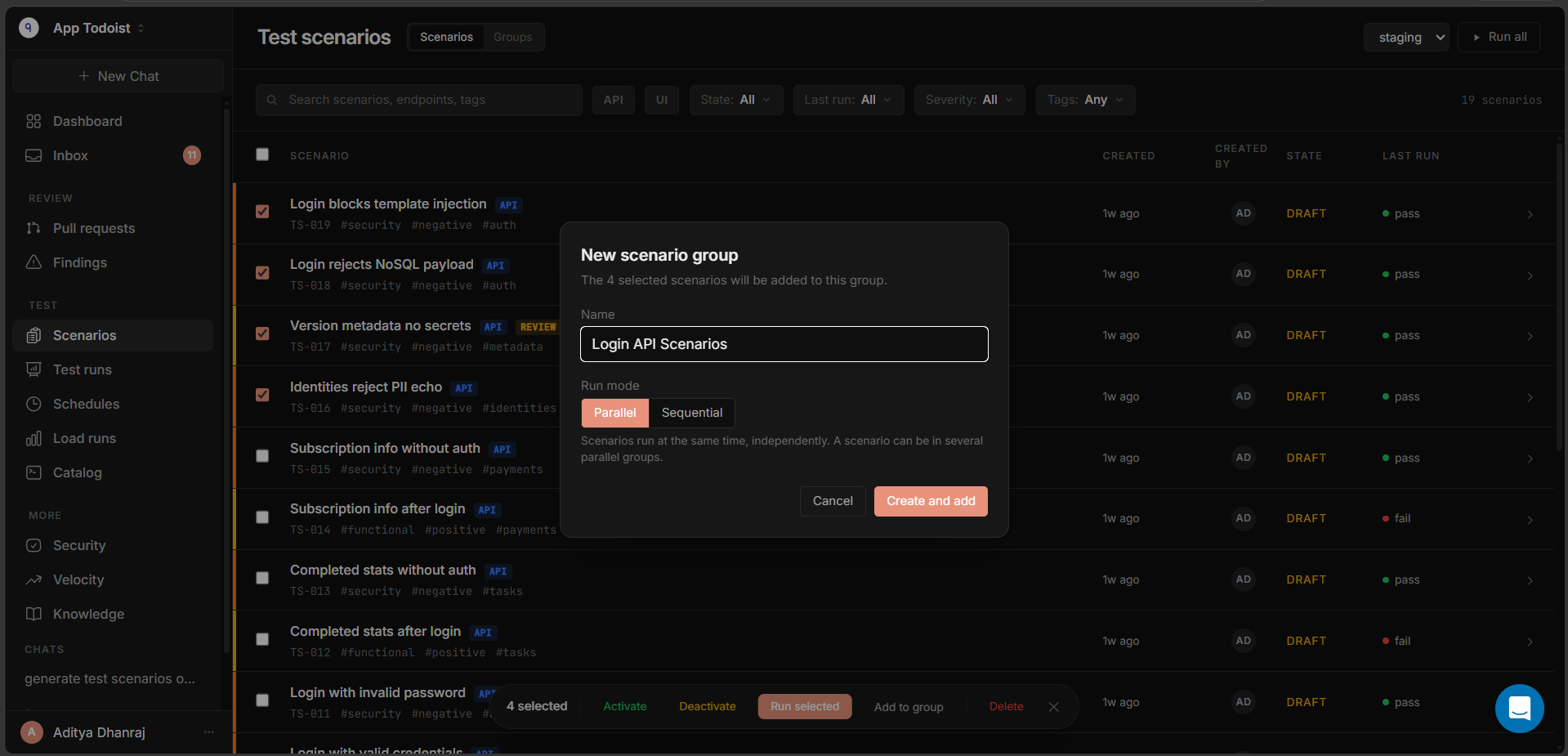 Qodex New scenario group modal with group name and Parallel or Sequential run mode options