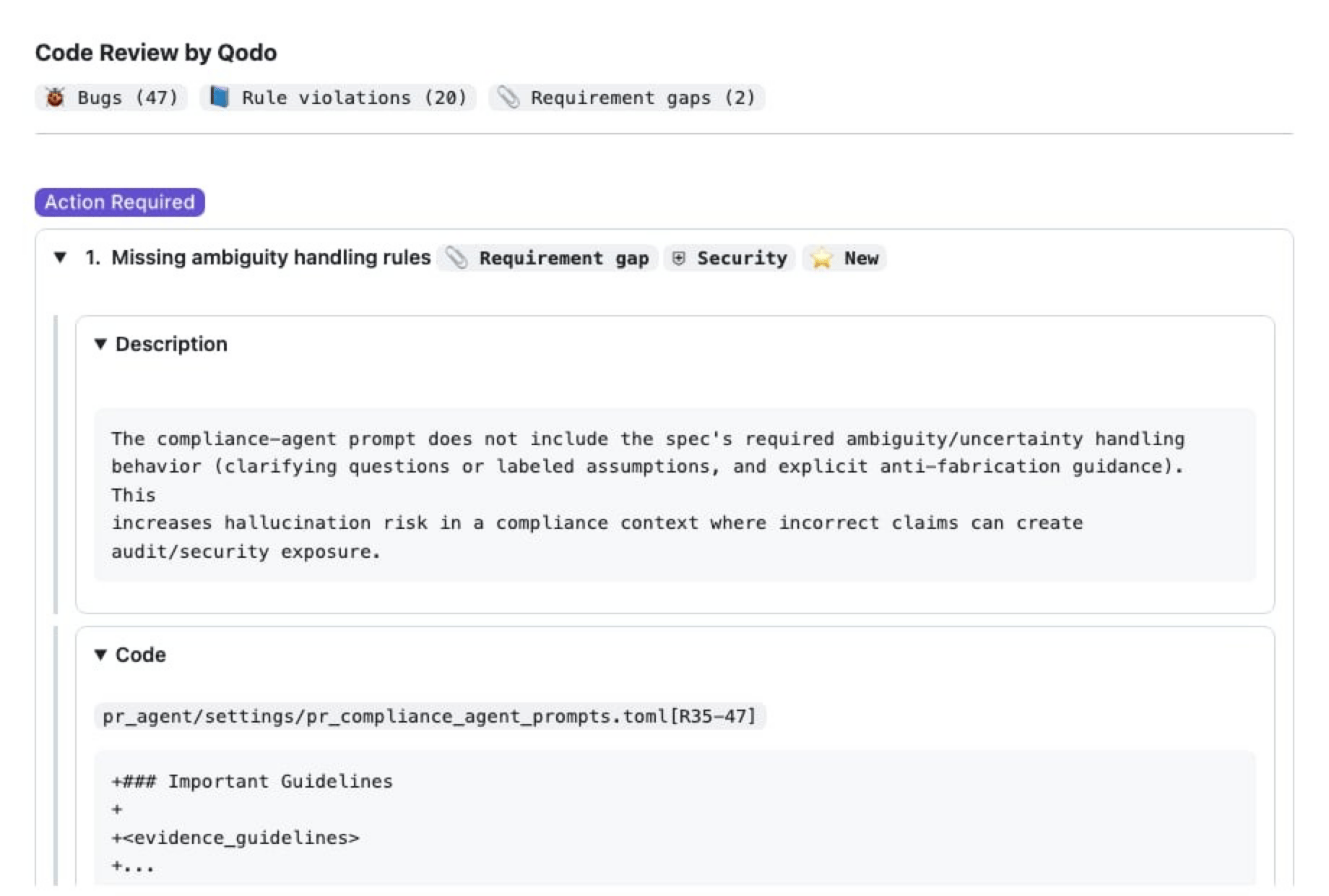 GitHub pull request with Qodo Review Results and a Requirement gap finding