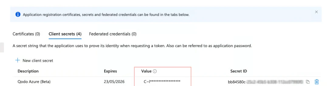 Microsoft Azure Certificates and secrets page showing new client secret creation