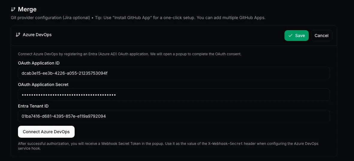 Qodo admin portal Azure DevOps configuration form with OAuth fields
