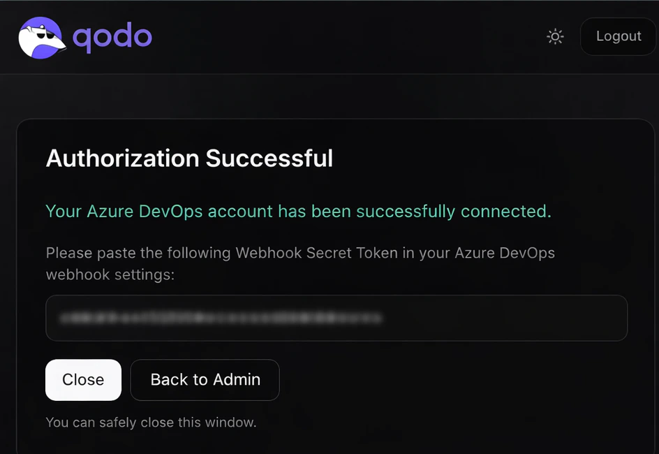 Qodo admin portal Azure DevOps Connect button