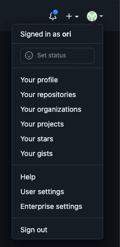 GitHub profile picture menu with Your organizations option