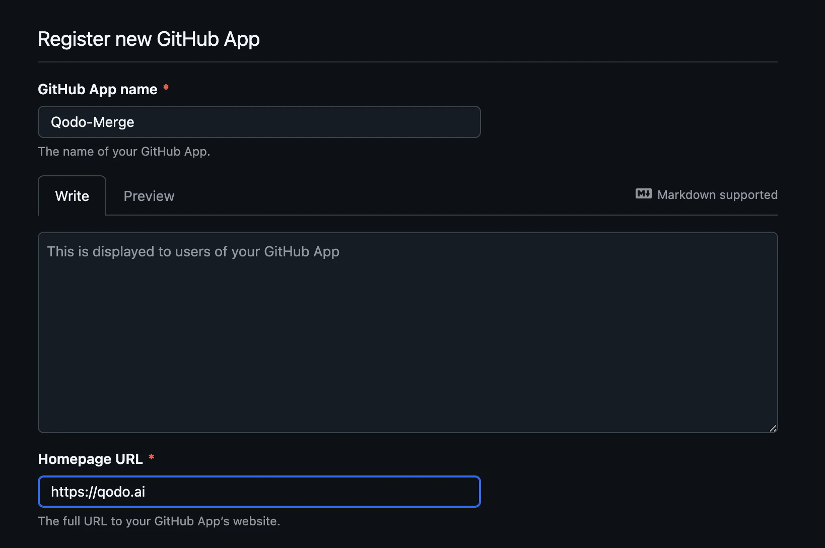 GitHub App registration form with App name and Homepage URL fields