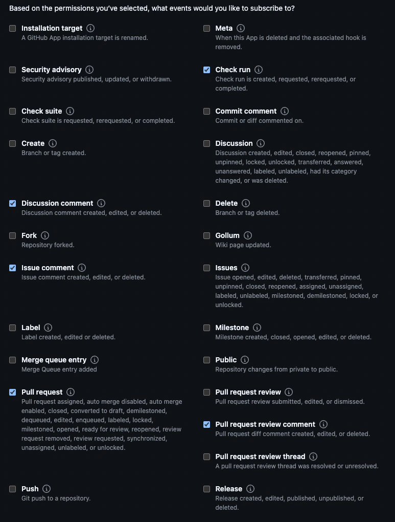 GitHub App event subscriptions page