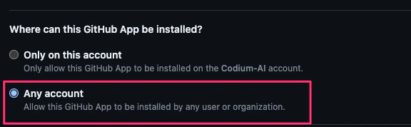 GitHub App installation scope selection showing Any account option