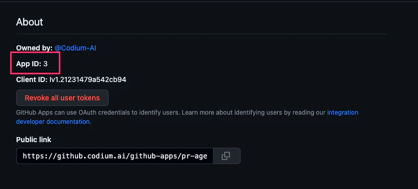 GitHub App details page showing App ID