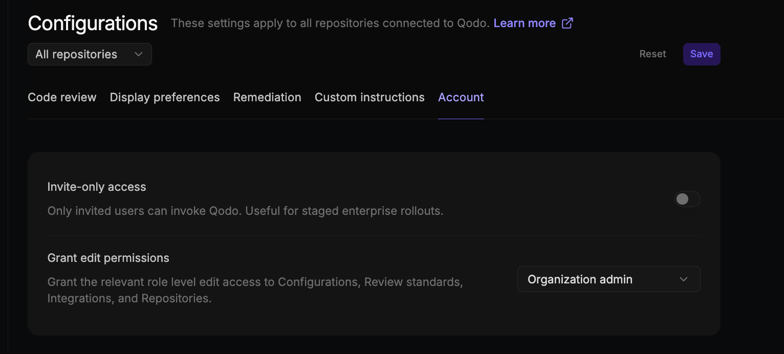 Account tab of the Configurations page showing the invite-only access and grant edit permissions settings