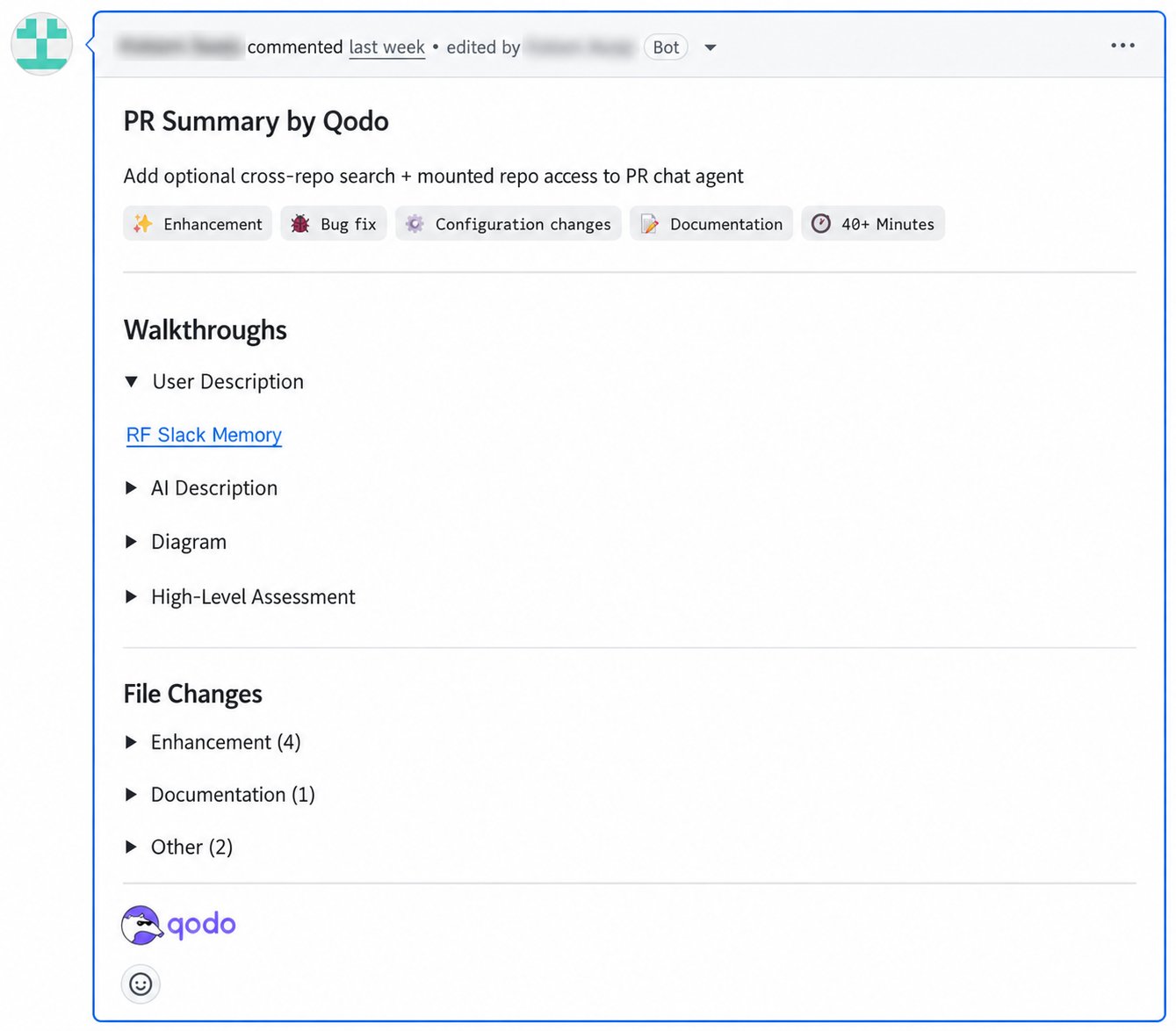 Generated PR summary comment showing tags, the Walkthroughs section, and File Changes grouped by category