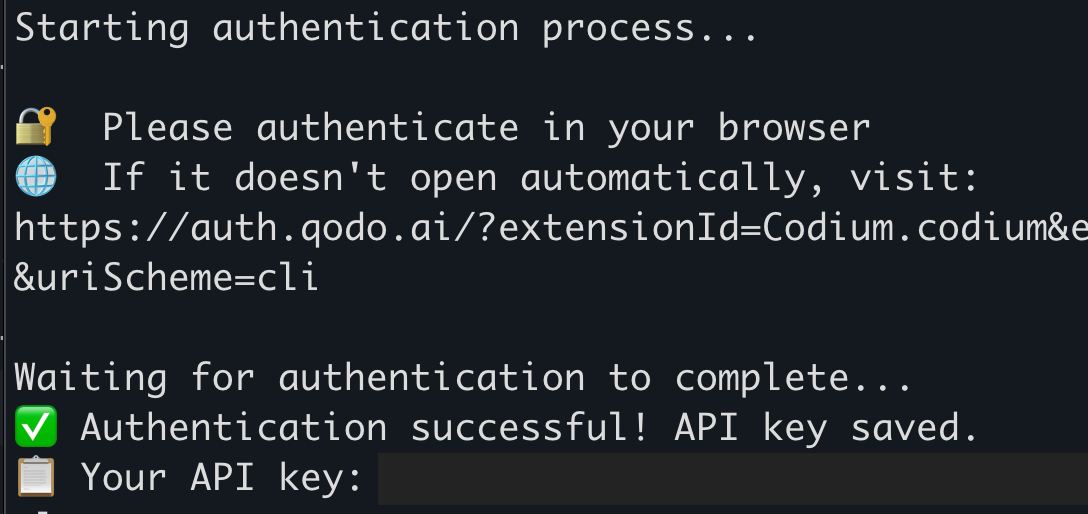 Qodo CLI terminal showing successful authentication and API key saved confirmation