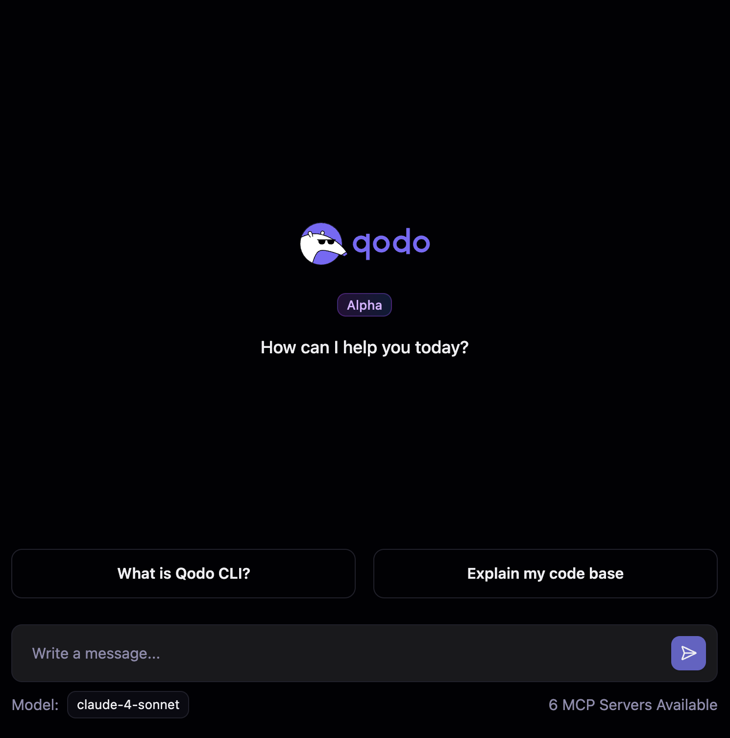 Qodo CLI chat welcome screen with prompt input and MCP servers available