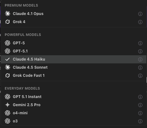 Qodo Gen model selection panel grouped into Premium, Powerful, and Everyday models