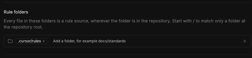 Rule folders section showing .cursor/rules as a configured folder with the Add a folder field