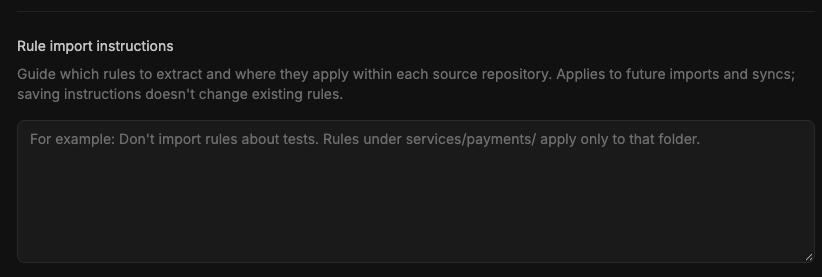 Rule import instructions text field with example placeholder text