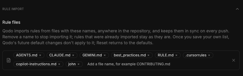 Rule import section in Configurations > Context showing Rule files with default file names