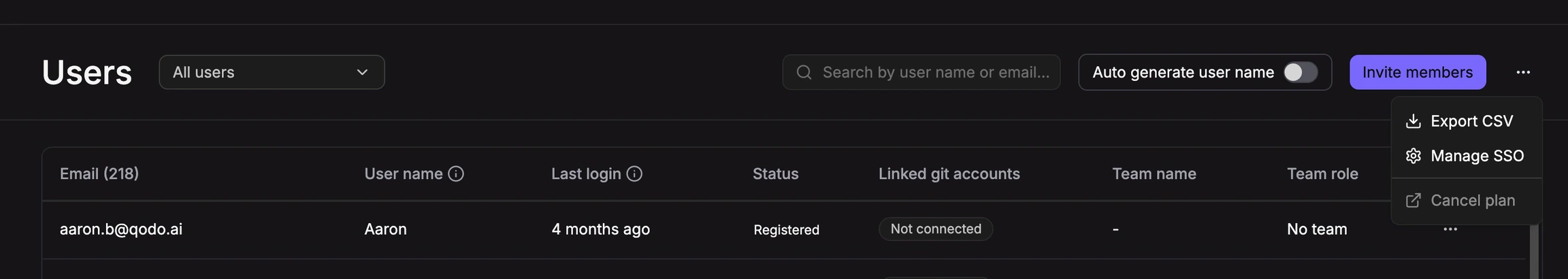 Users page actions menu with Manage SSO option