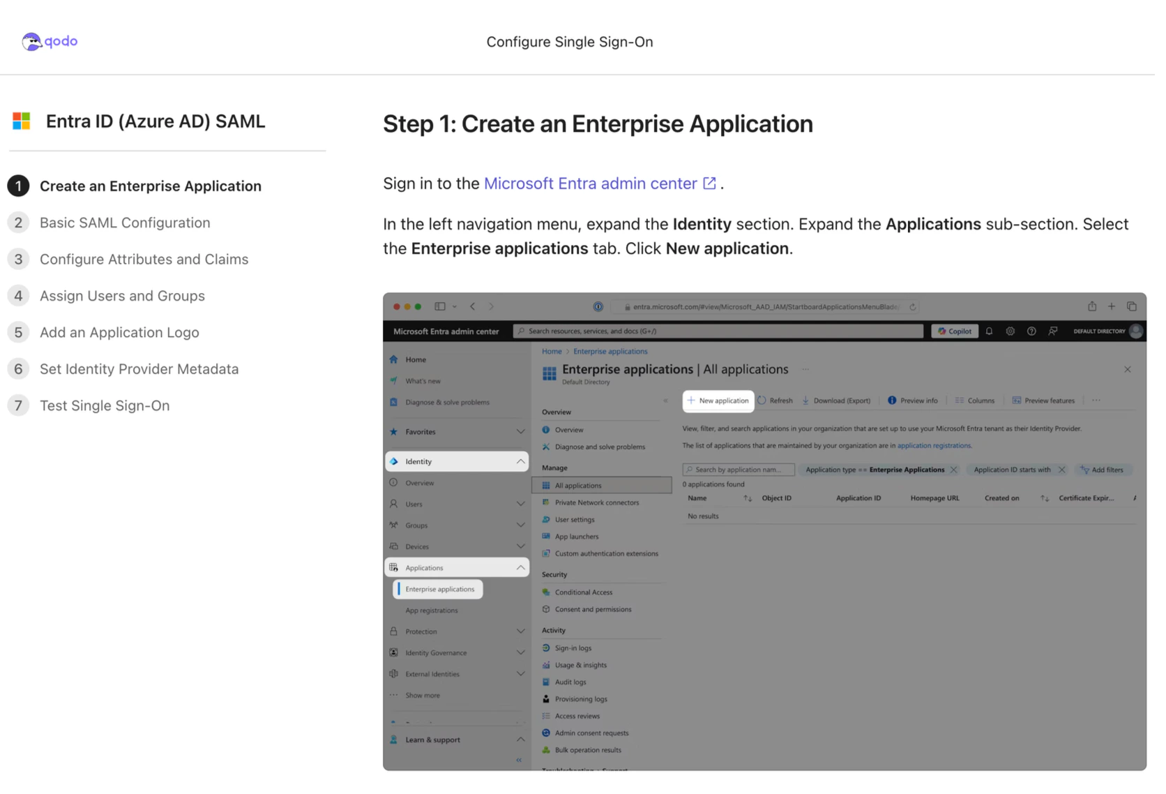 Entra ID SAML configuration step 1 in the Qodo SSO setup wizard