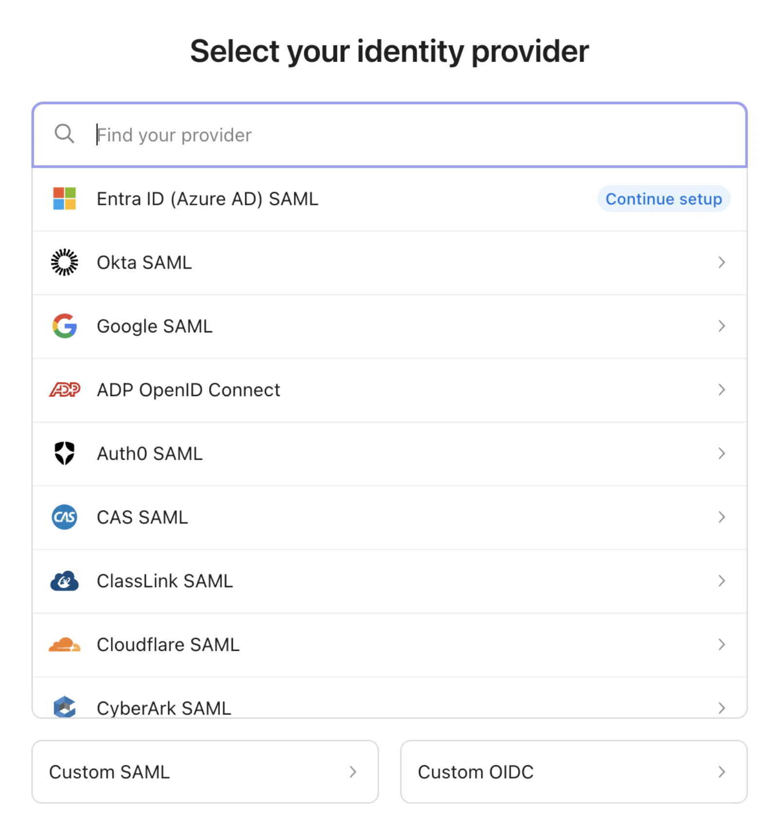 SSO identity provider selection screen showing Okta, Google, Entra ID and other providers
