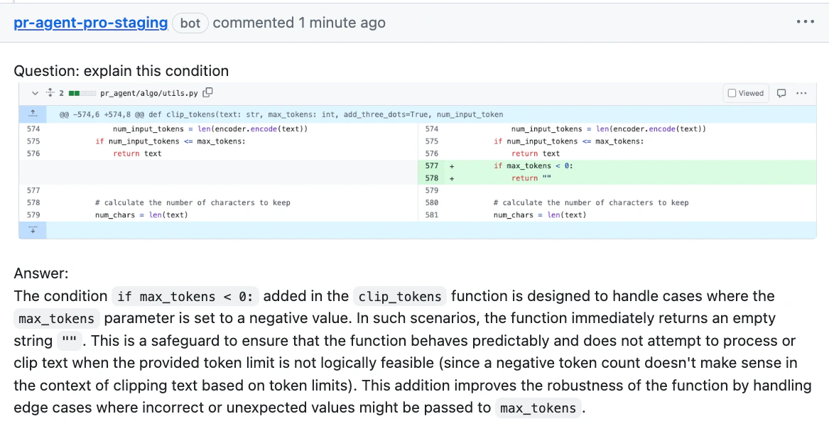 Qodo automatic response providing detailed code explanation in pull request comment