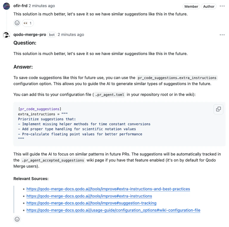Qodo automatic response showing suggestion implementation in pull request comment