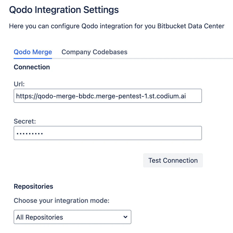Bitbucket Data Center Qodo app Connection section with URL and webhook secret fields