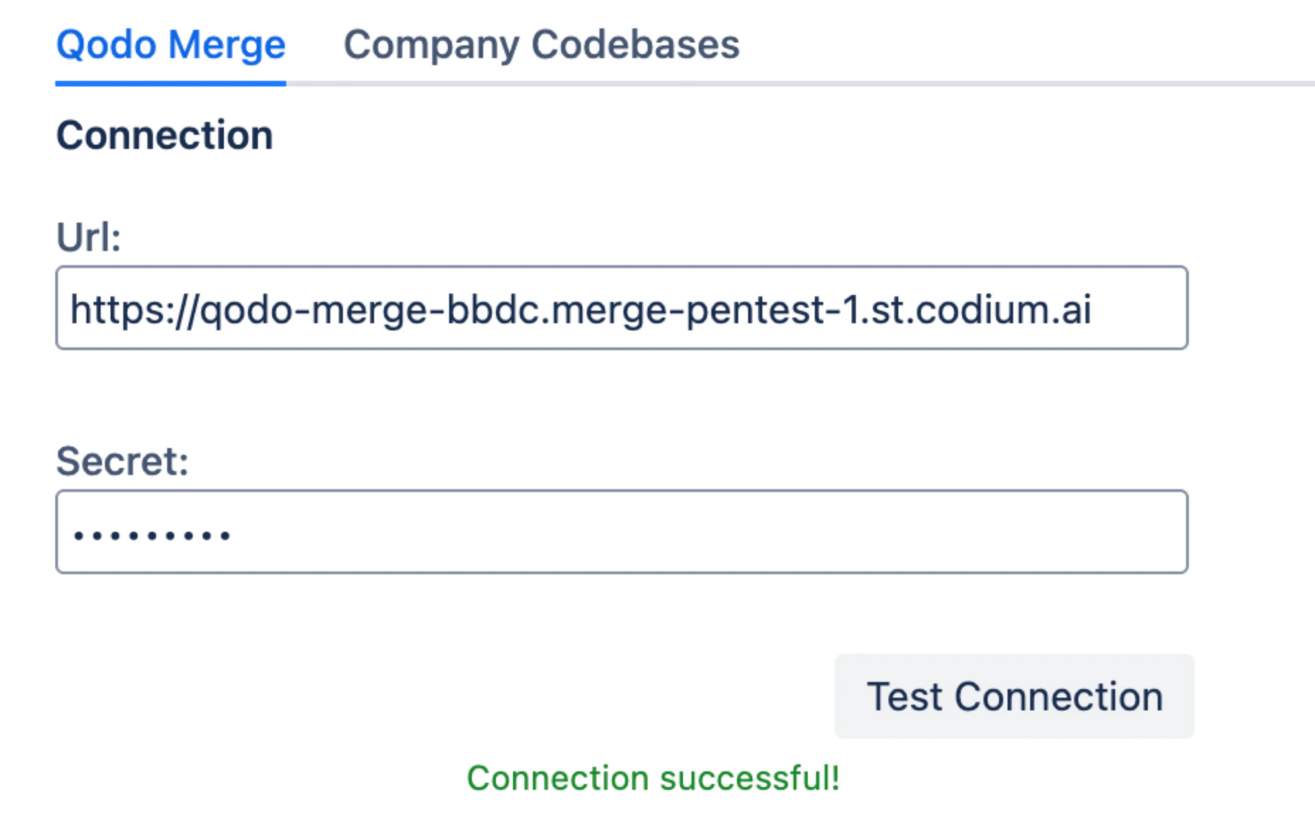Bitbucket Data Center Qodo app Connection section with Test Connection button
