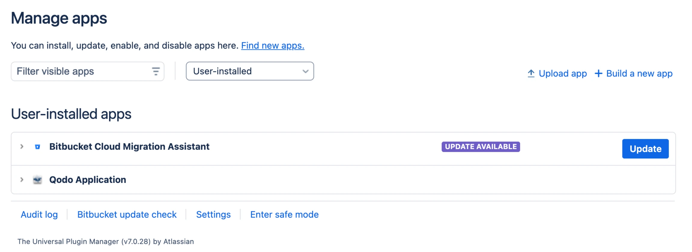 Bitbucket Data Center Manage Apps page showing Upload app option