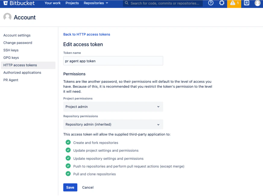 Bitbucket Data Center HTTP access tokens page showing created token