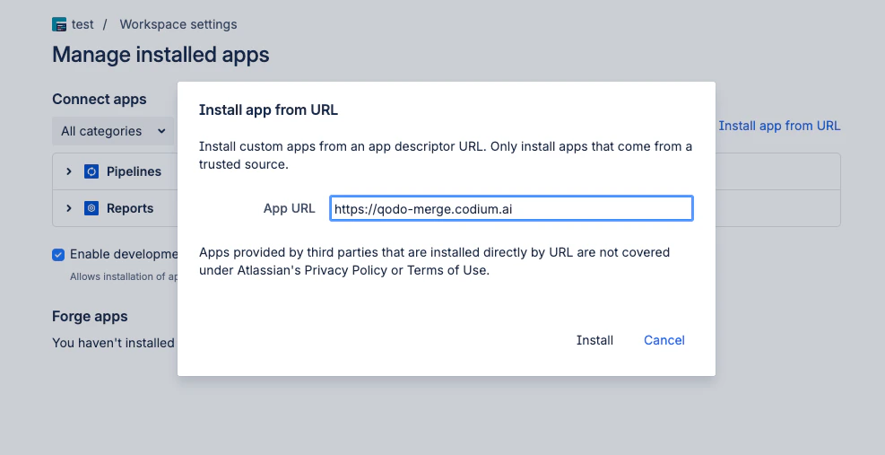 Bitbucket Installed apps page with Install app from URL option enabled